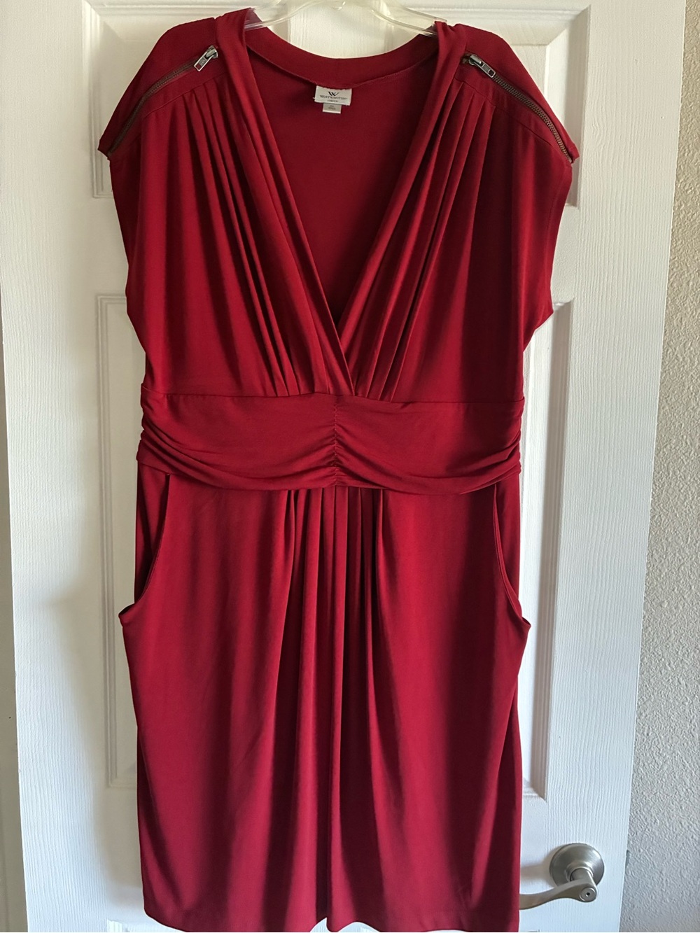 Worthington Deep Red V-Neck Dress with Zipper Shoulder Detail